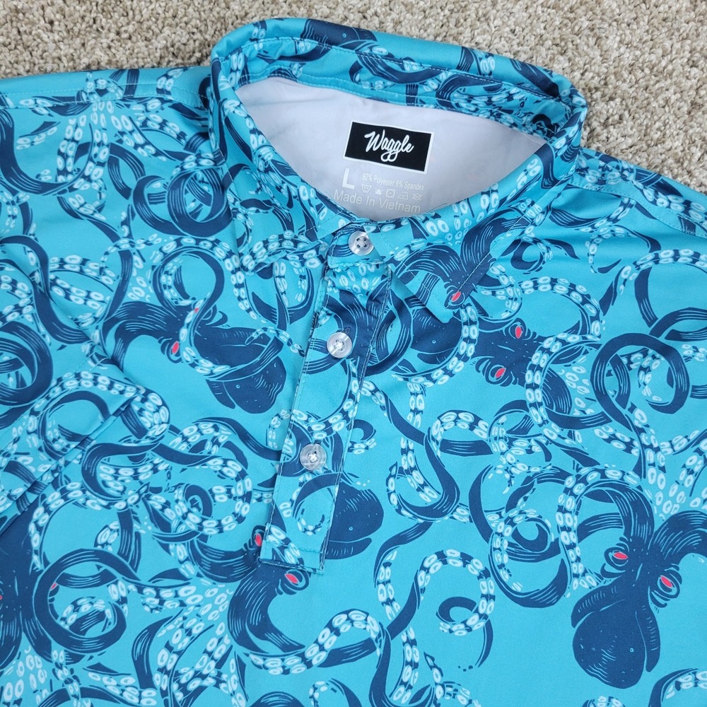 Waggle Mens Large Blue AOP Octopus Performance Stretch Golf Polo Short Sleeve